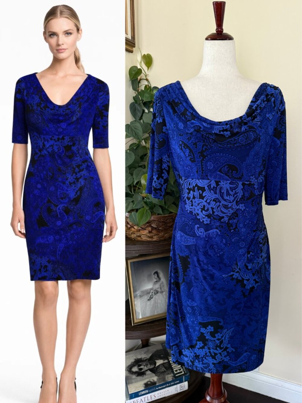 Anne Klein Cobalt Blue & Black Paisley Jersey Cowl Neck Sheath Dress sz 10